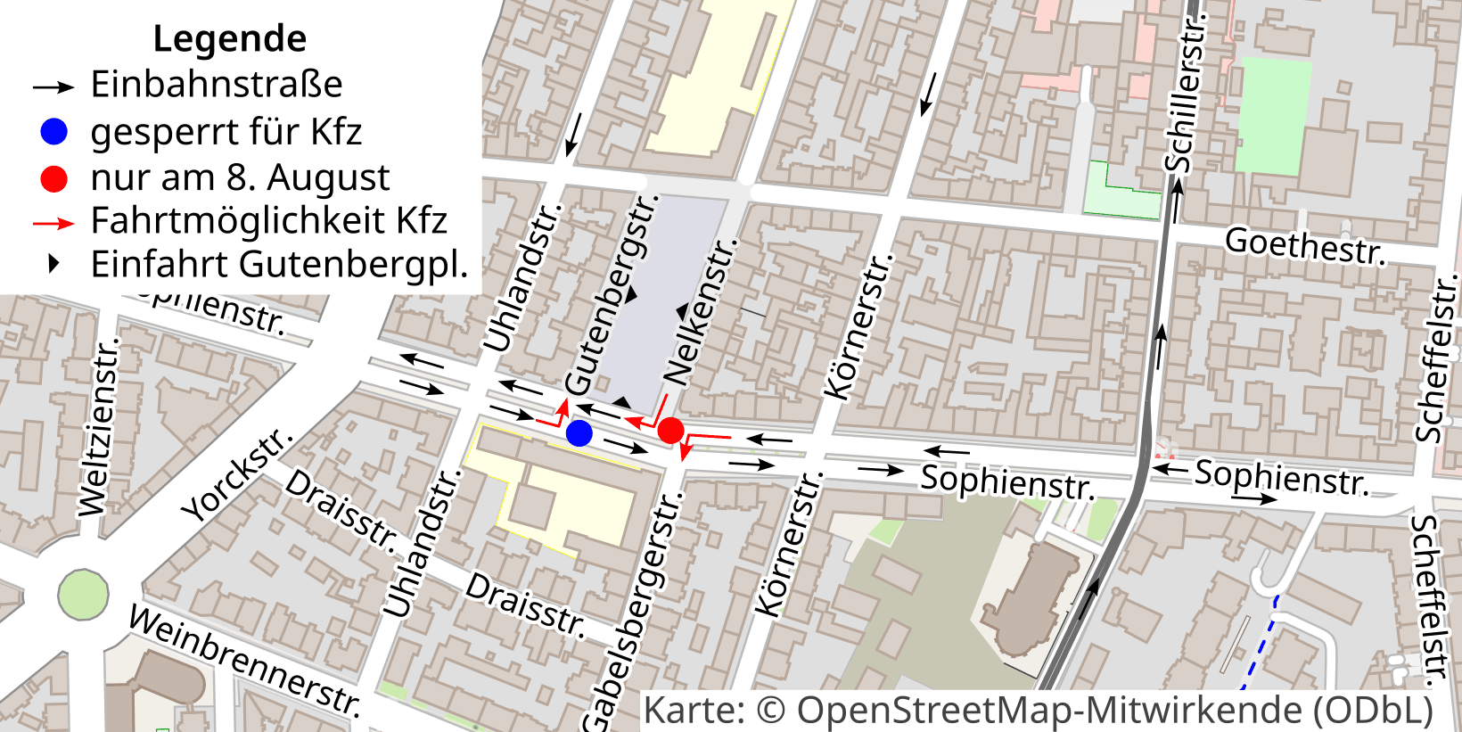 Kartenausschnitt der Umgebung um den Gutenbergplatz herum. Dargestellt sind Einbahnstraßen, der bestehende Poller auf der südlichen Fahrbahn und die Versammlung am 8. August 2024