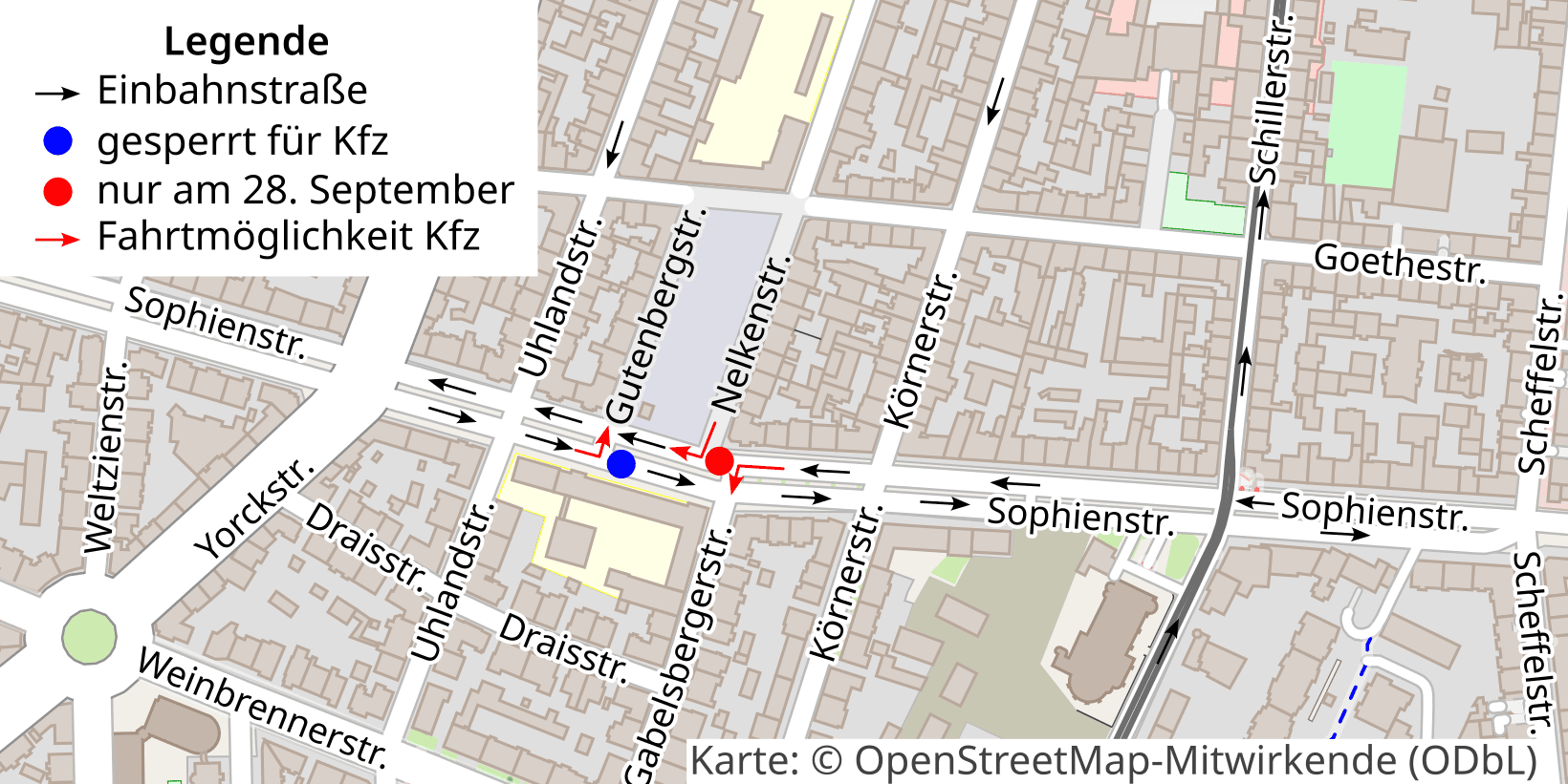 Karte mit Sperrungen am 28. September 2024