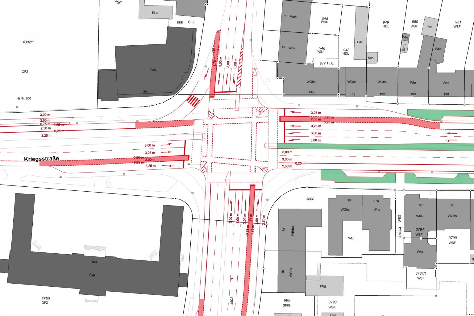 Ausschnitt aus der Entwurfszeichnung des Stadtplanungsamts für eine Kreuzung mit Radfahrstreifen in Mittellage